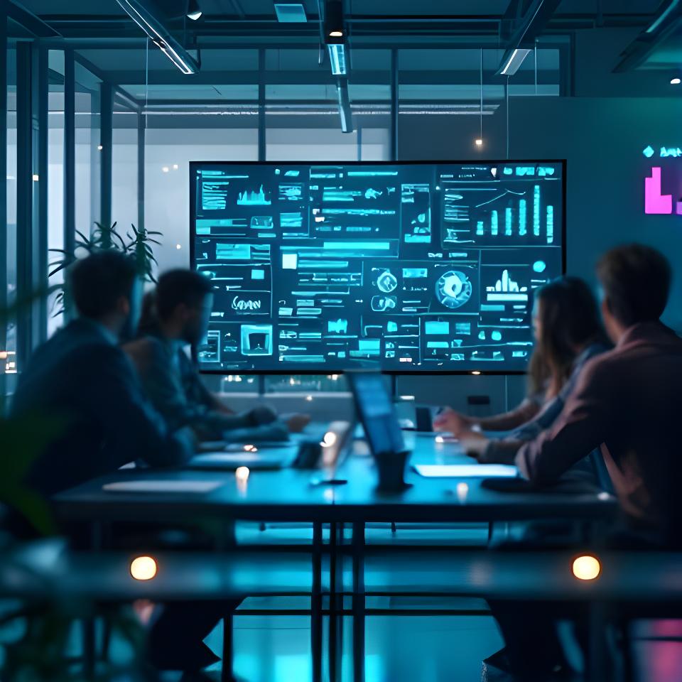 Team di una software house romana in riunione davanti a monitor con prototipi, dashboard e codice su schermi luminosi