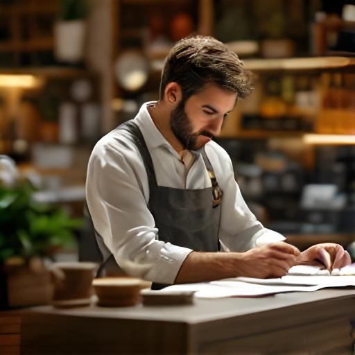 Commerciante in un piccolo negozio romano che controlla registri e note fiscali vicino alla cassa