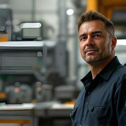 Imprenditore manifatturiero in officina con documenti fiscali e macchina industriale sullo sfondo
