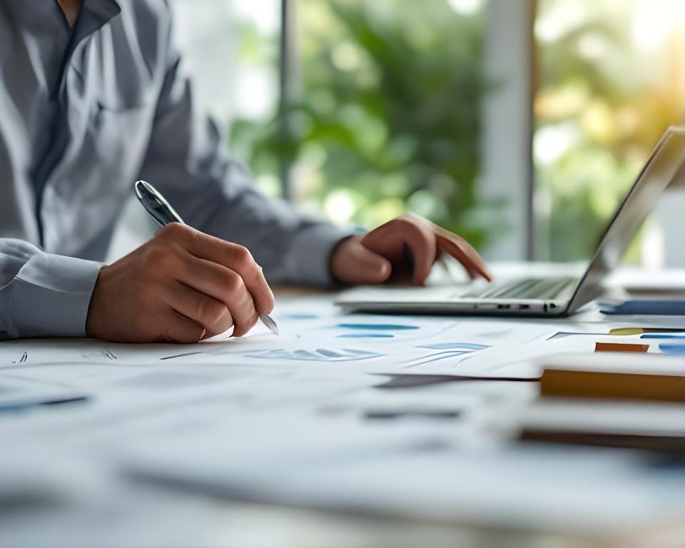 Consulente fiscale in un ufficio luminoso a Roma mentre analizza documenti tributari e grafici di pianificazione