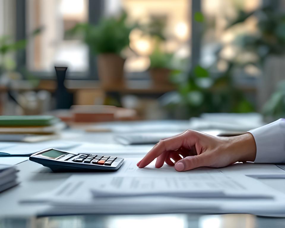 Consulente fiscale in uno studio luminoso a Roma con dossier e calcolatrice sulla scrivania