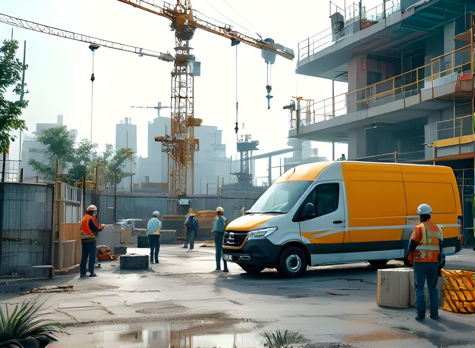 Cantiere edile con gru, furgone e team al lavoro in una mattina luminosa a Roma