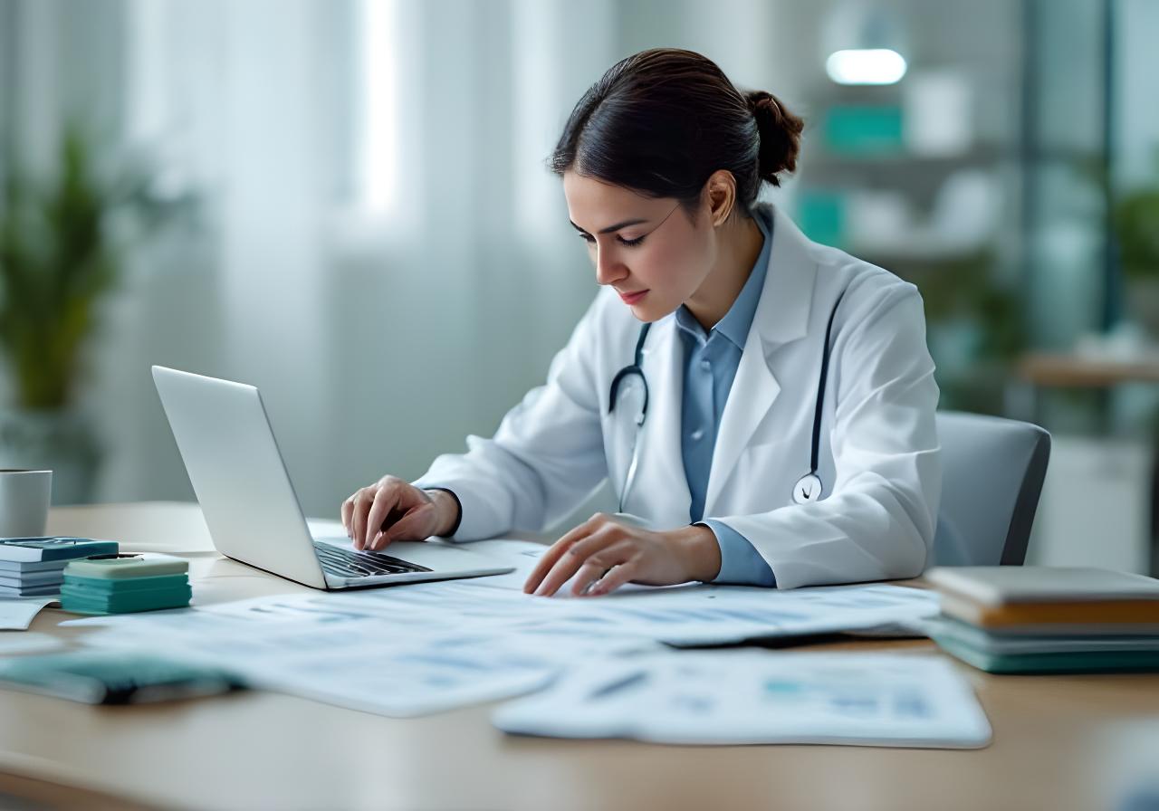 Medico e dentista in uno studio moderno con documenti fiscali e strumenti professionali sul tavolo