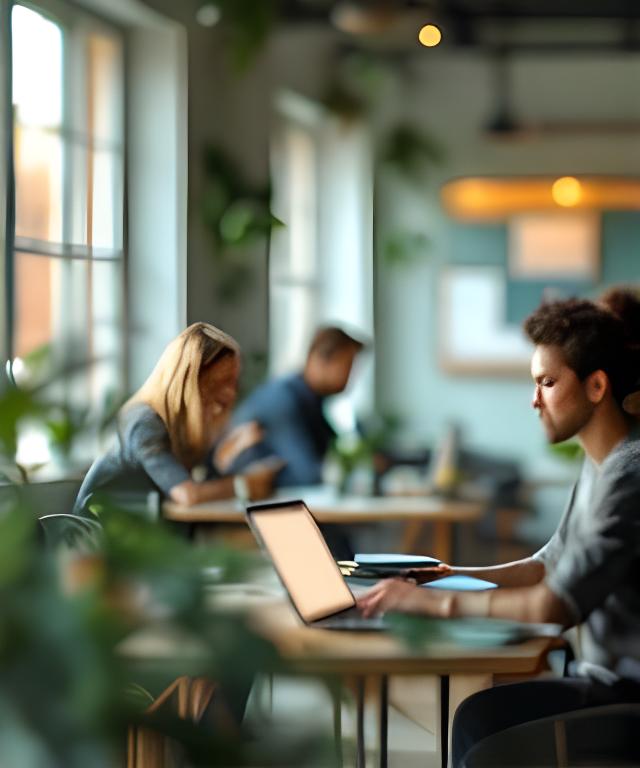 Team di startup tecnologica in un coworking moderno a Roma con laptop, lavagne e tavoli condivisi