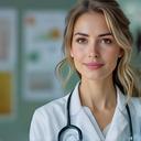 Medica di base in ambulatorio con cartelle cliniche e luce naturale